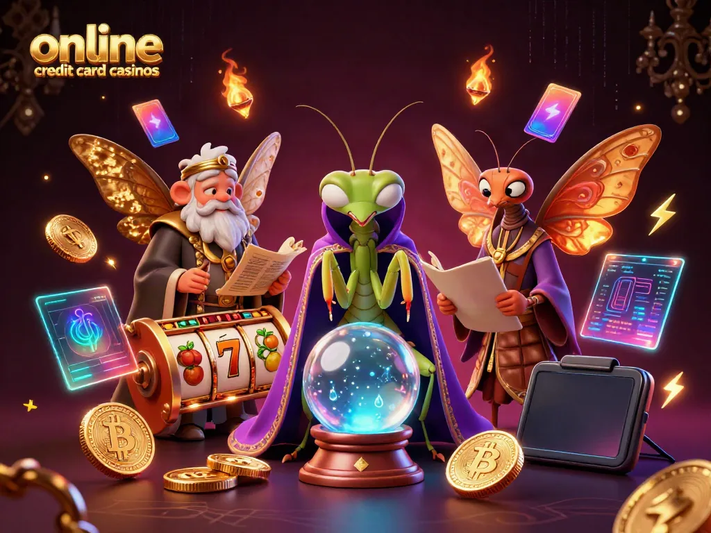 Discover top online credit card casinos through this vibrant 3D illustration of a fortune teller and a librarian.