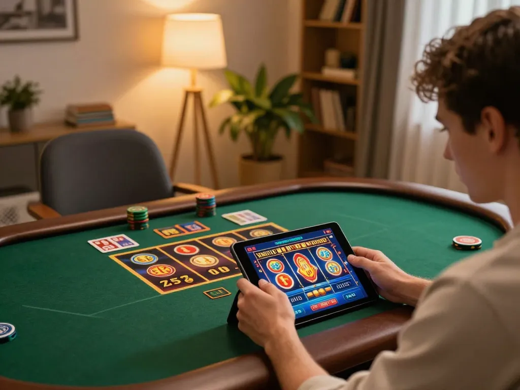 TR88 player strategizing with online casino app on tablet, vibrant gaming atmosphere, cozy home setting.