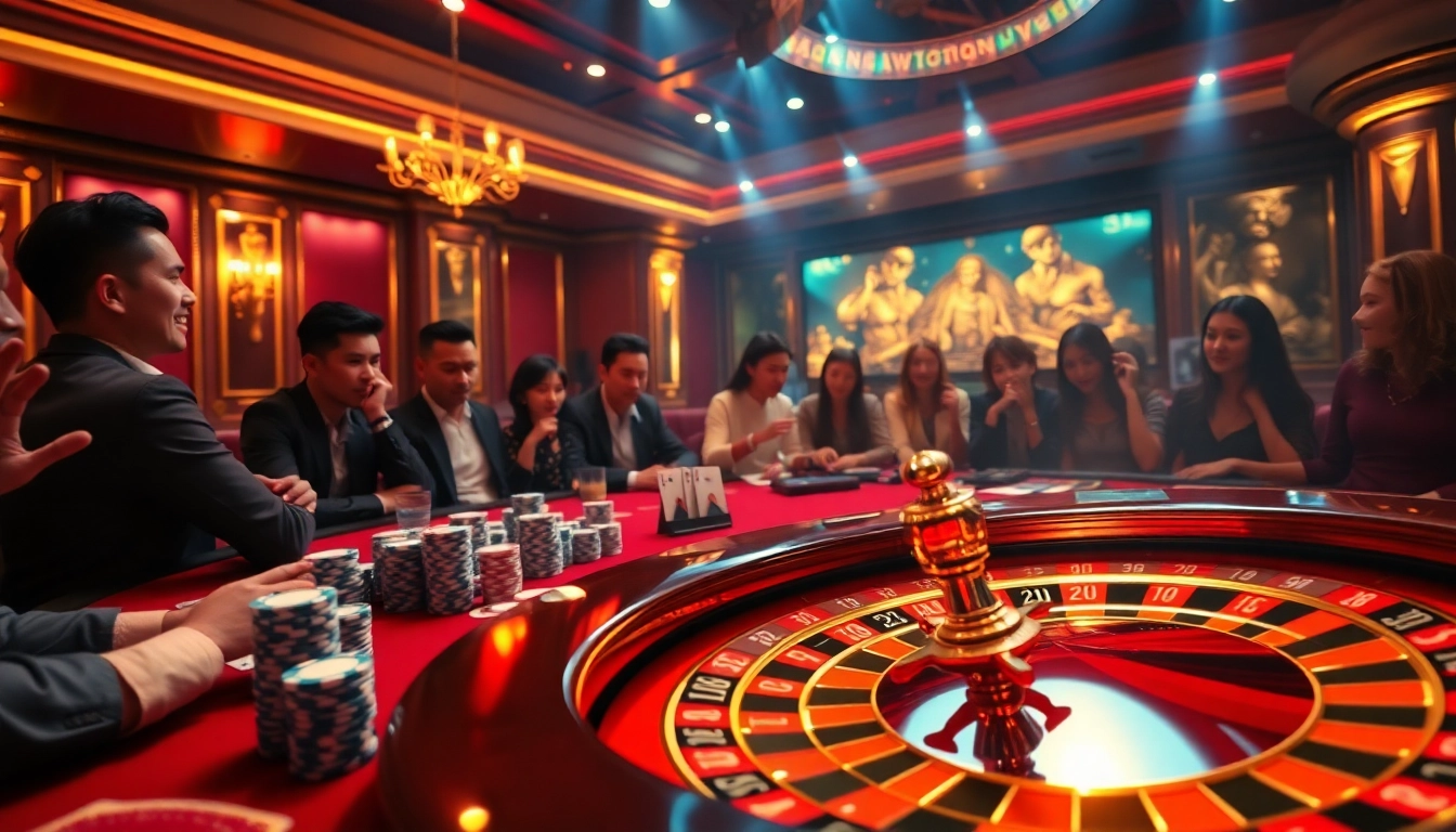 Excited players engaging at a luxurious poker table within https://bem88.com gaming environment.