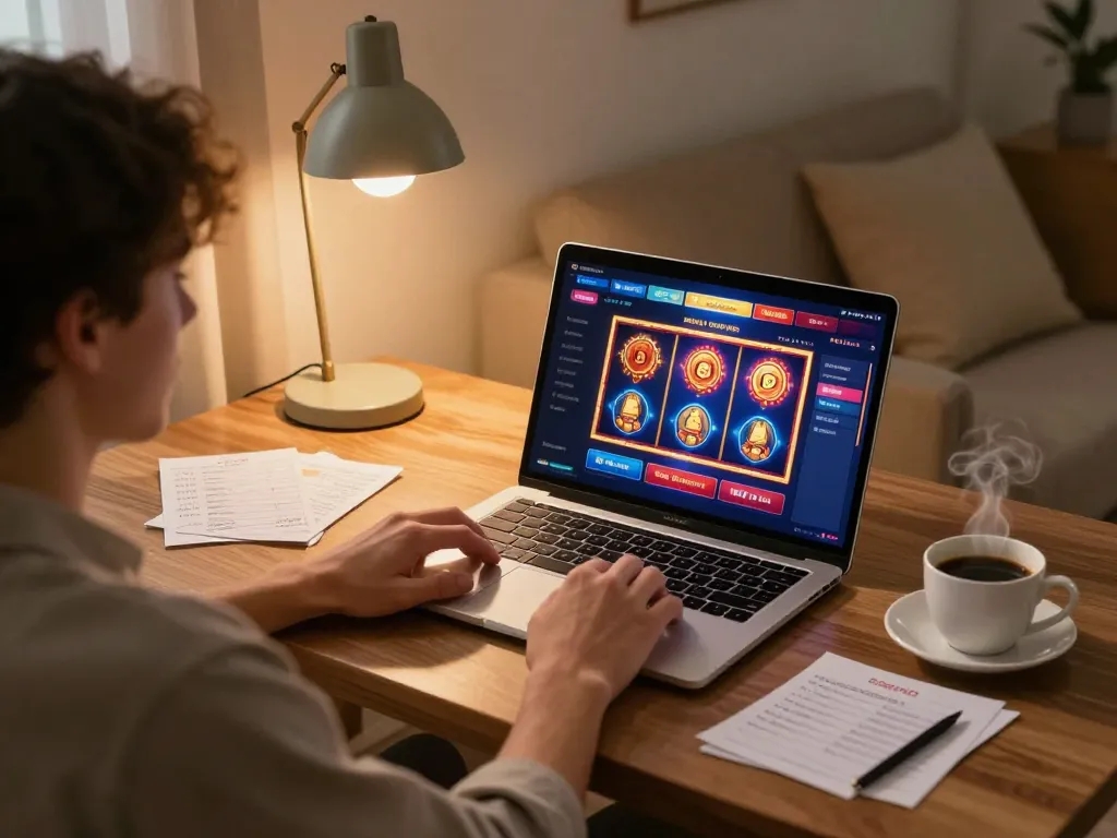 Terlibat dalam sesi permainan daring di platform DASI4D link alternatif, menampilkan mesin slot yang berwarna-warni dan catatan strategi.