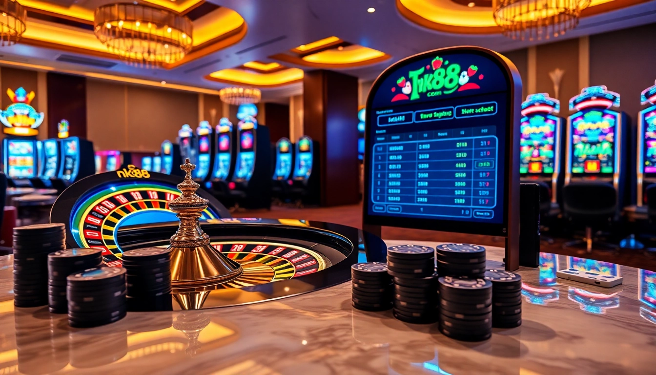 Engaging nk88 com digital roulette and poker chips showcasing advanced online casino betting action