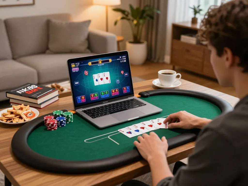 Participate in strategic poker gameplay on nk88 bet at a cozy home gaming setup.