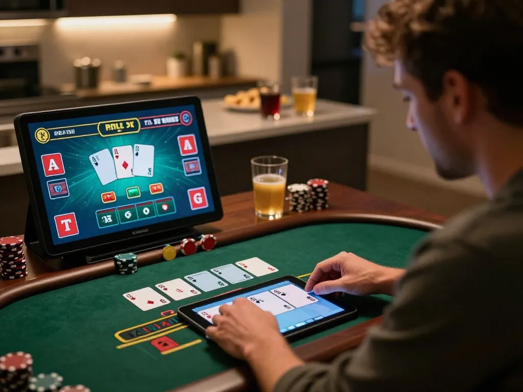 Pemain EKOTOTO merencanakan strategi blackjack di tablet di rumah dengan dekorasi yang nyaman dan pencahayaan yang fokus