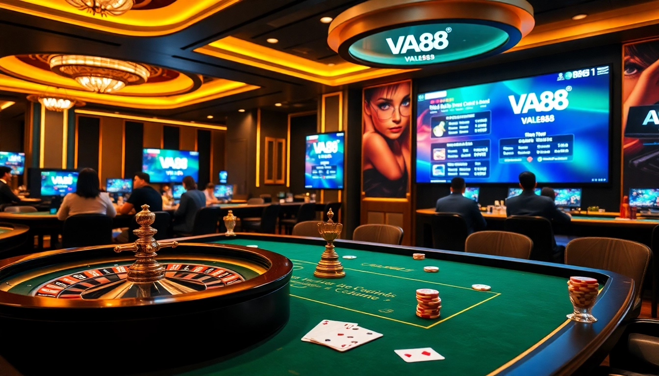 VA88 players engaging in a thrilling game at a luxurious casino table with poker chips and cards.