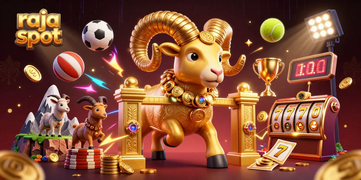 Experience thrilling fun at raja slot with a dynamic scene featuring golden ram, sports balls, and casino elements.