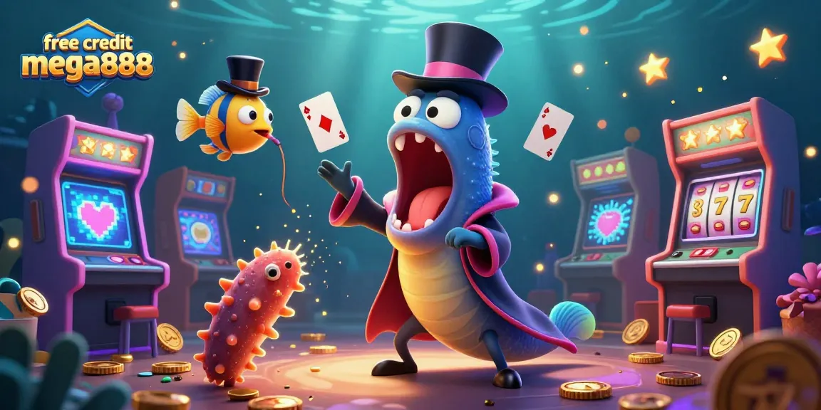 Engage with free credit mega888 through a vibrant underwater casino scene featuring unique characters and game elements.