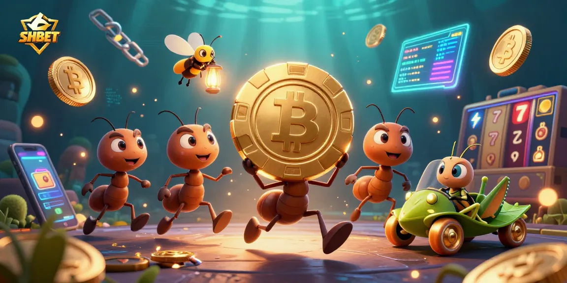 Engage with SHBET's thrilling casino adventure where ants carry a giant poker chip in a dynamic 3D scene.