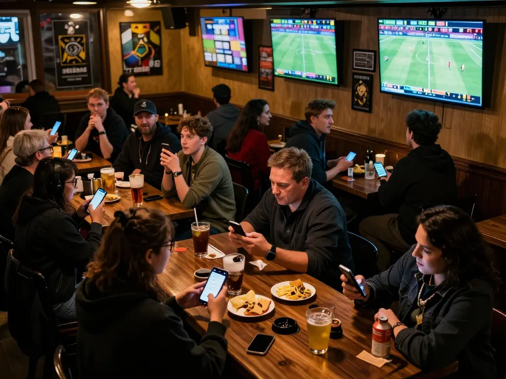 Engaged fans using Keo nha cai apps to place bets during live sports events in a lively bar