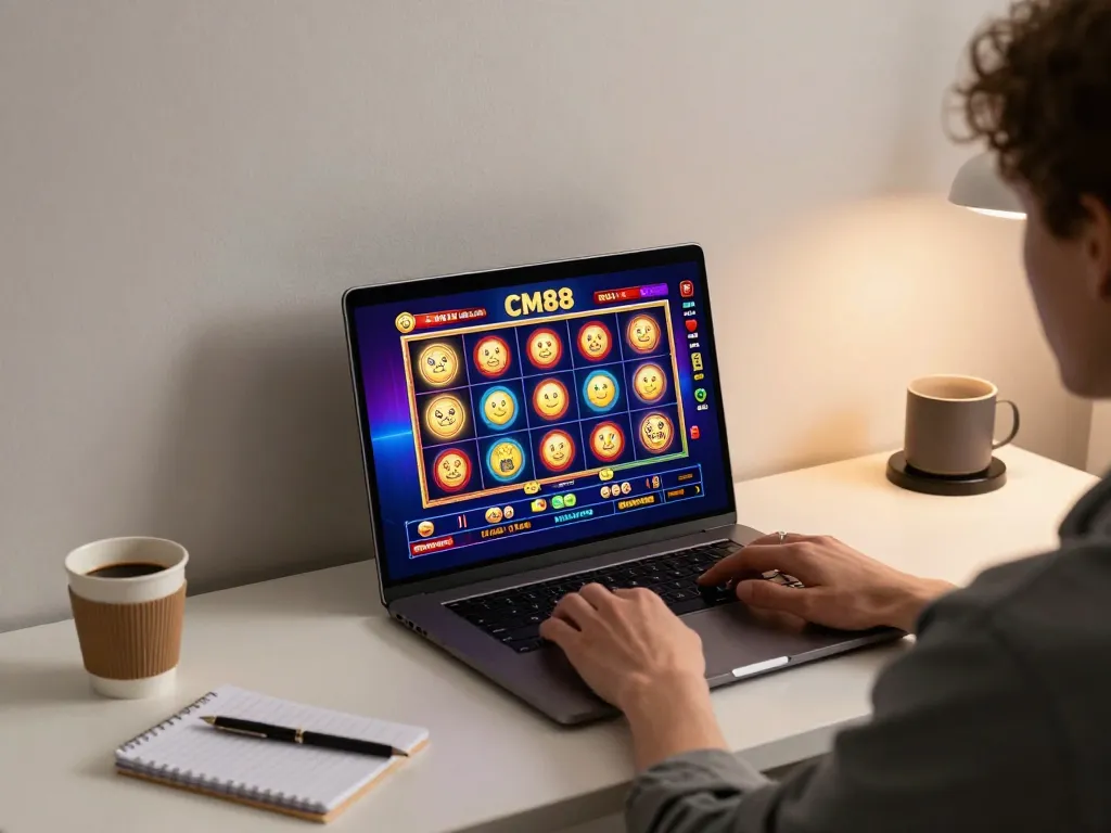 Person engaging in online gaming at CM88, showcasing casino interface on laptop