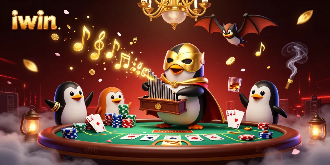 Experience iwin's thrilling casino atmosphere with a whimsical penguin playing music amidst vibrant gaming elements.