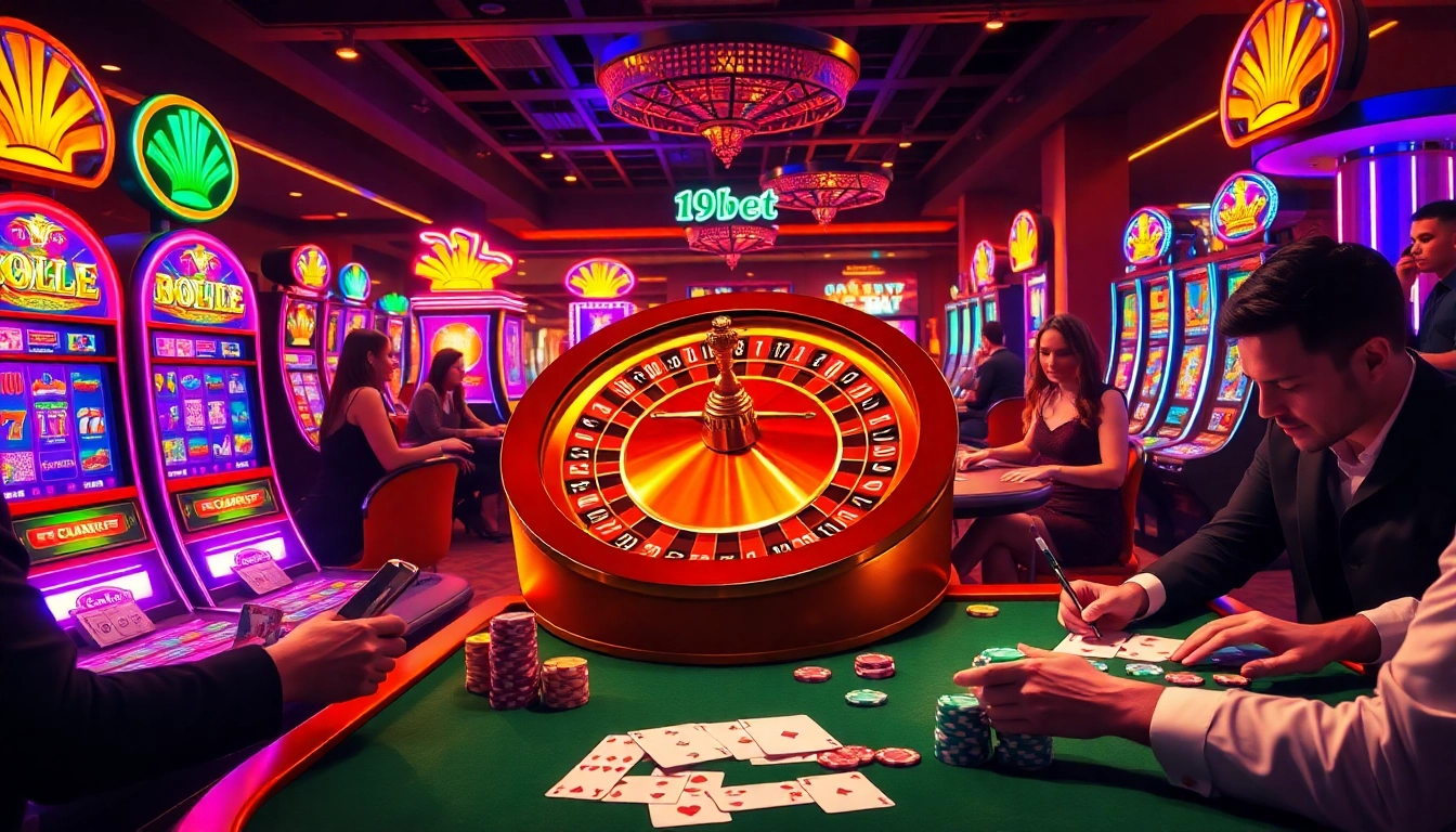 Players enjoying different games at i9bet casino with vibrant slot machines and roulette wheel.