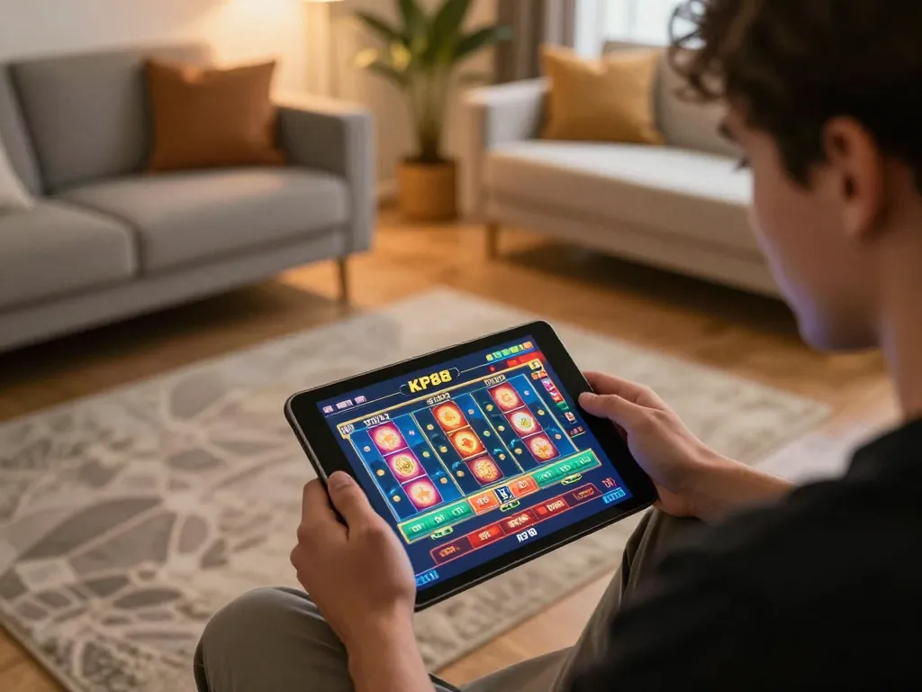 Playing KP88 casino games on a tablet in a cozy home setting, promoting responsible gaming.