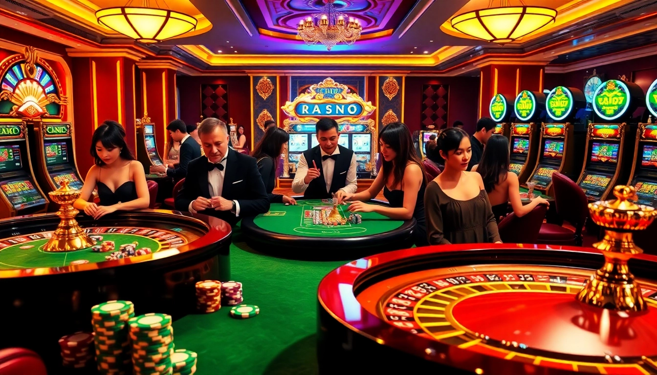 Engaging players enjoying various games at a luxurious casino highlighting gamebaidoithuong coffee.
