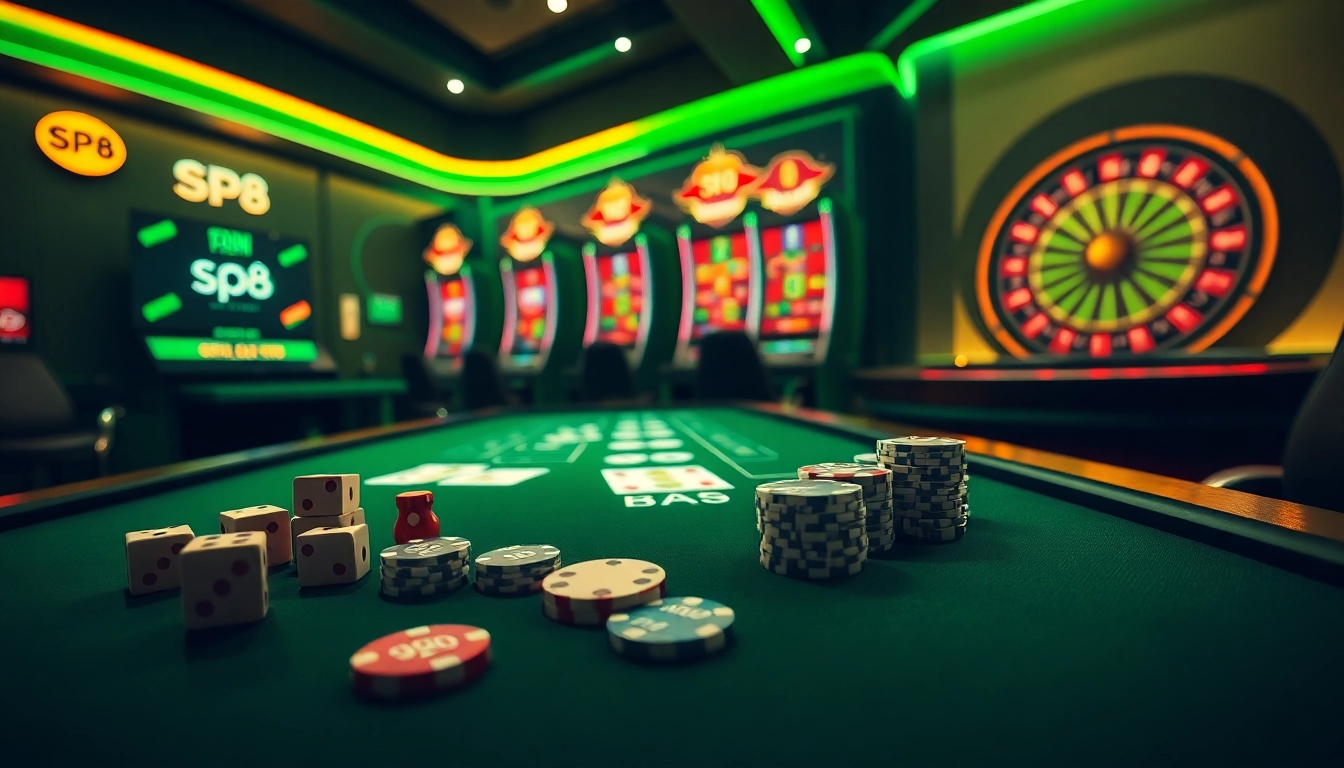Players engaging in thrilling games at SP8, featuring vibrant casino tables and dynamic slot machines.