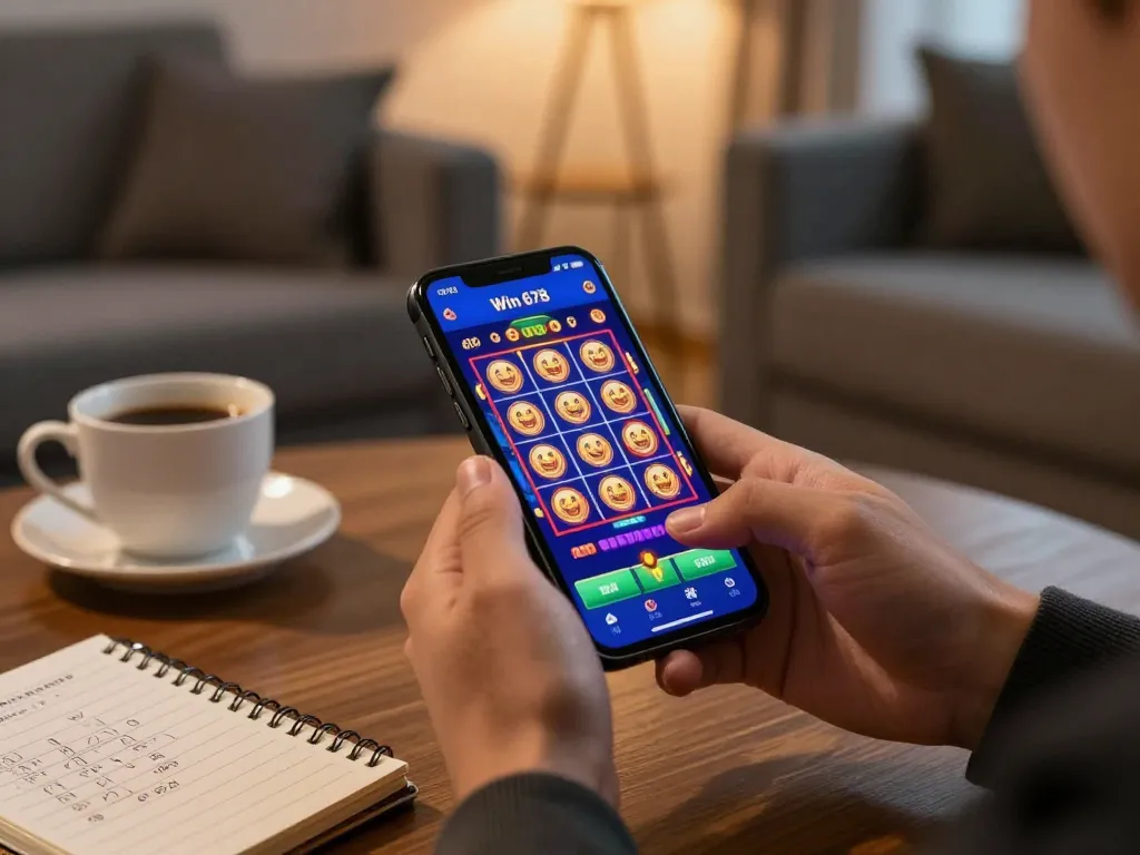Win 678 players engaging with the casino app on their smartphone, showcasing thrilling slot gameplay.