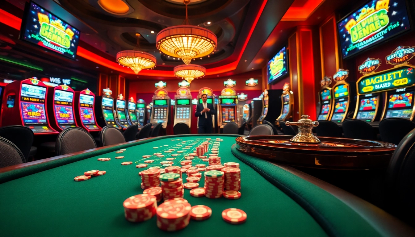 Engage with thrilling gambling action at https://king88b.us.com/ with poker tables, roulette wheel, and vibrant atmosphere.