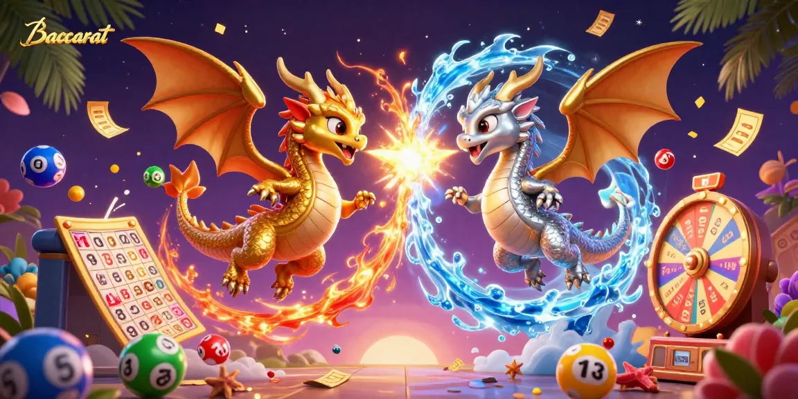 Baccarat gameplay illustrated with a dynamic scene of twin dragons, casino elements, and vibrant graphics.
