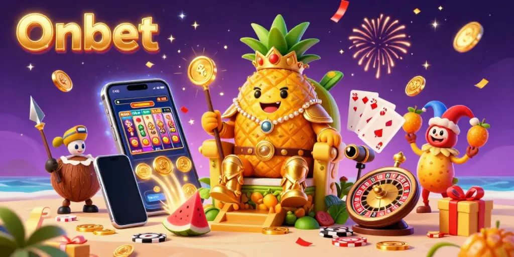 Engage with Onbet's vibrant beach casino scene featuring gold coins, a pineapple king, and exciting game elements.