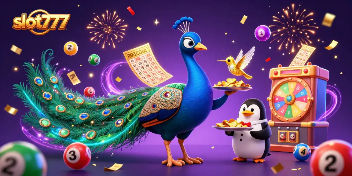 Engaging scene showcasing slot777 excitement with colorful lottery balls, peacock, and celebratory elements.