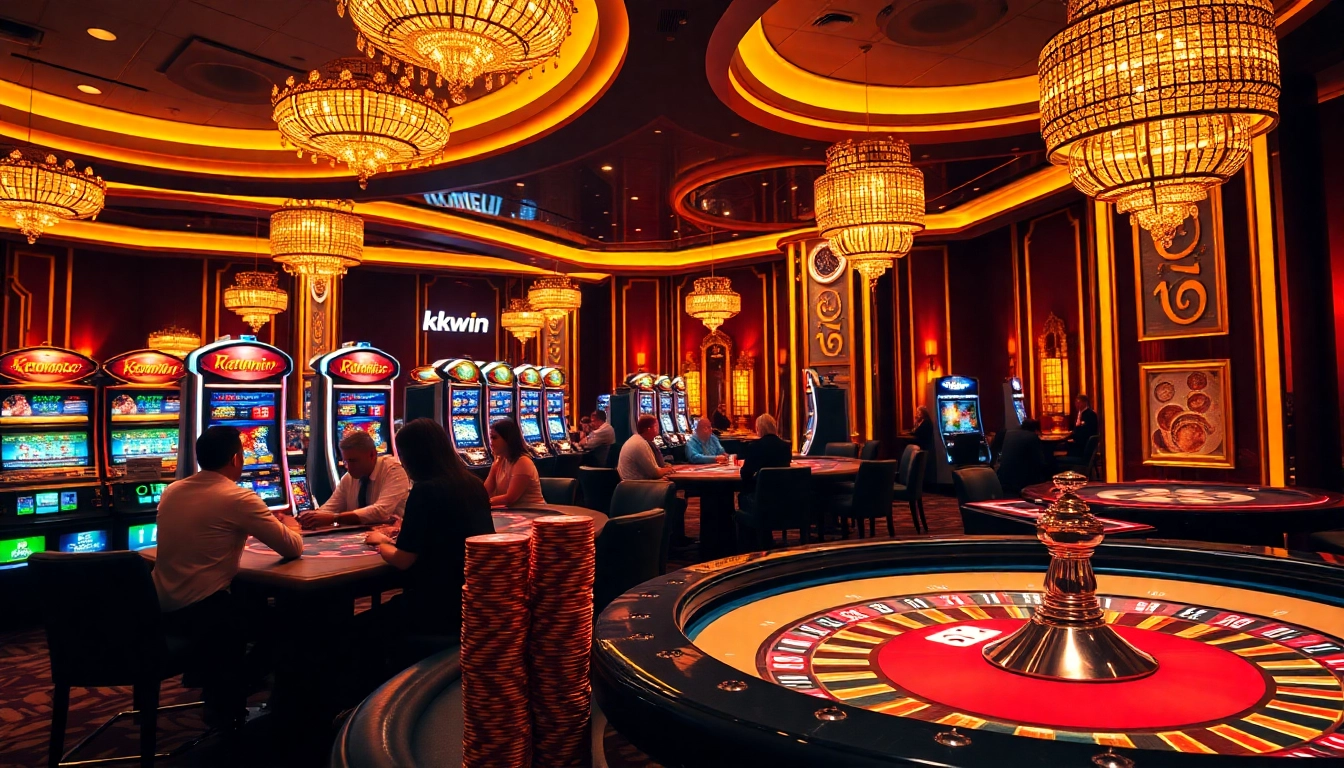 Players enjoying a thrilling game experience at Kkwin's modern casino floor with vibrant lighting.