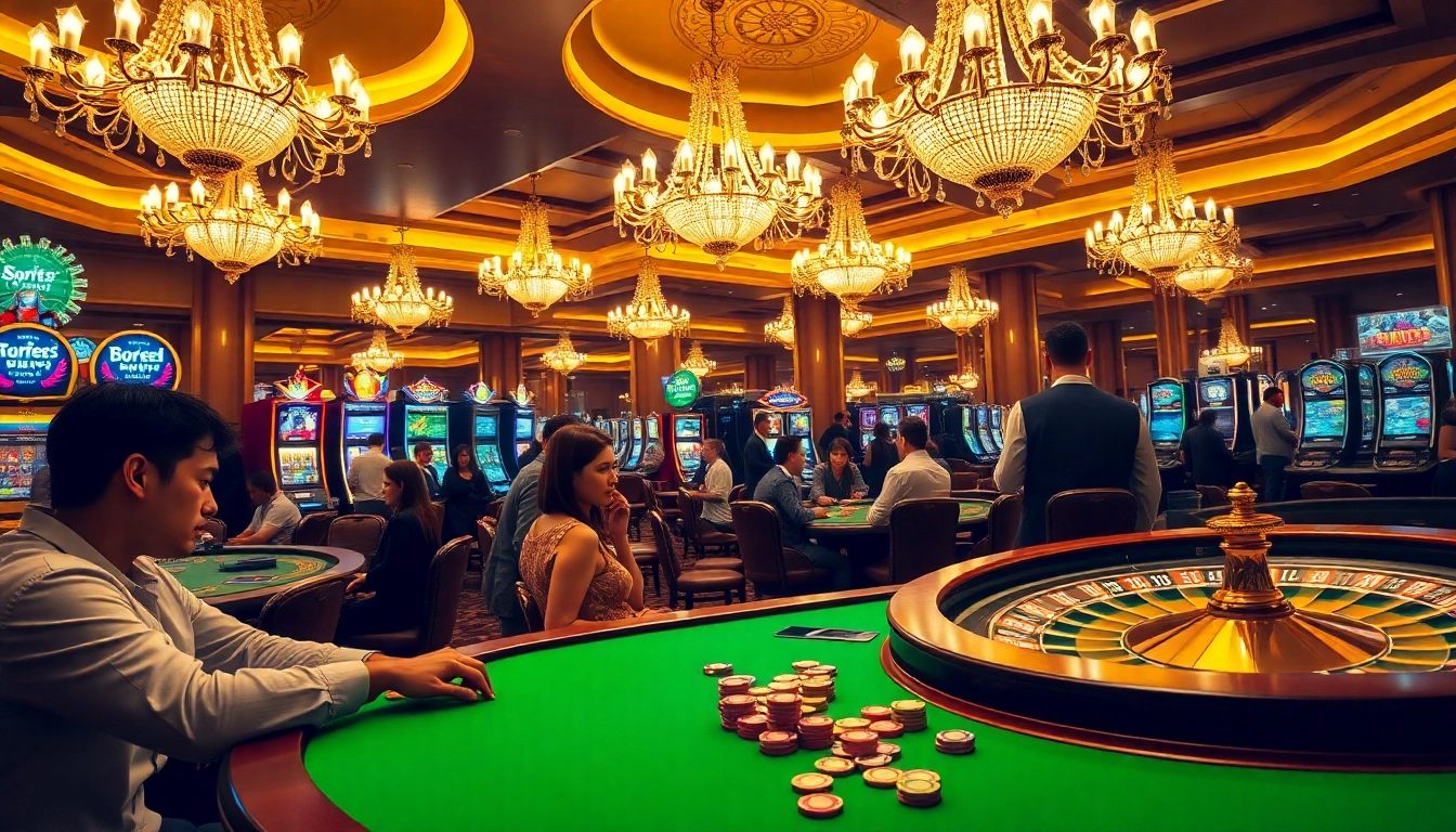 Experience the excitement of 98win58 with players at a lavish casino table, surrounded by poker chips and roulette wheels.