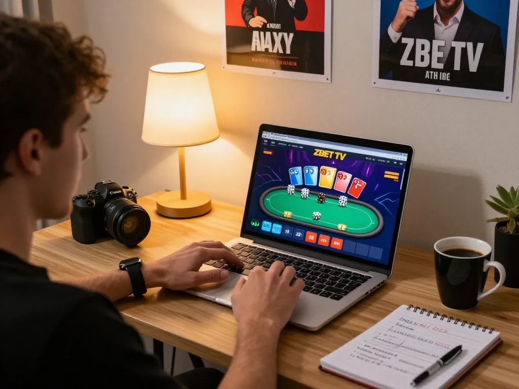 Engaging scene of a player using ZBET TV on a laptop for online gambling strategies.