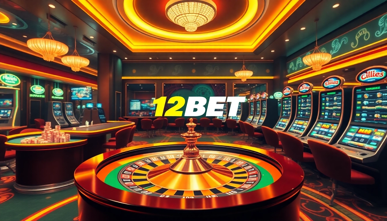 Experience the thrill of 12BET gaming with vibrant poker chips and roulette wheels.