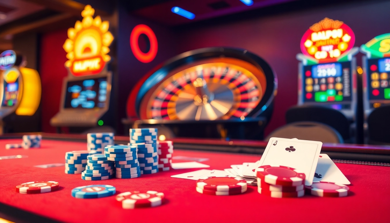 Experience the thrill of winning at tg88.com with vibrant casino elements like poker chips and a roulette wheel.