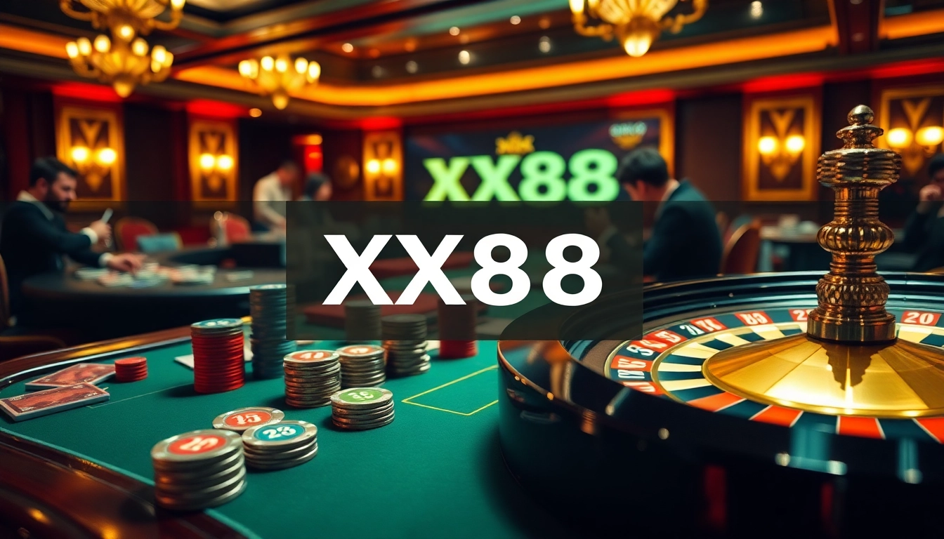 Experience the thrill of gambling at XX88 with an engaging casino scene featuring a roulette wheel and excited players.
