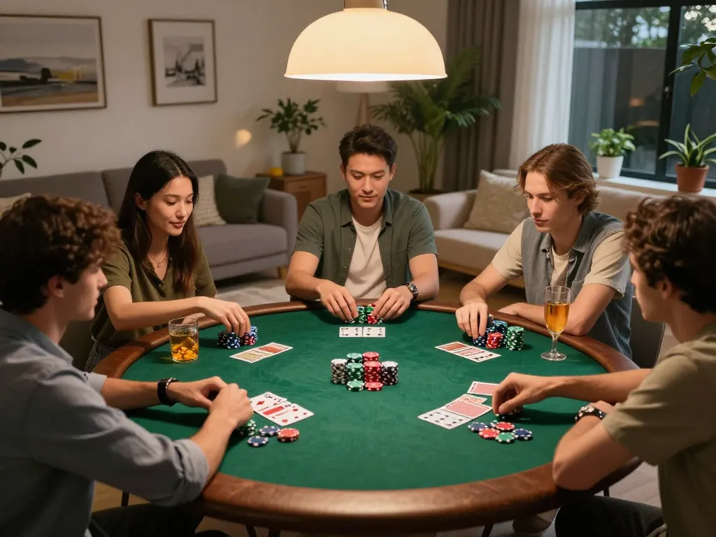 Friends enjoying a lively poker game at home, showcasing the social aspect of trang chủ uu88 gaming