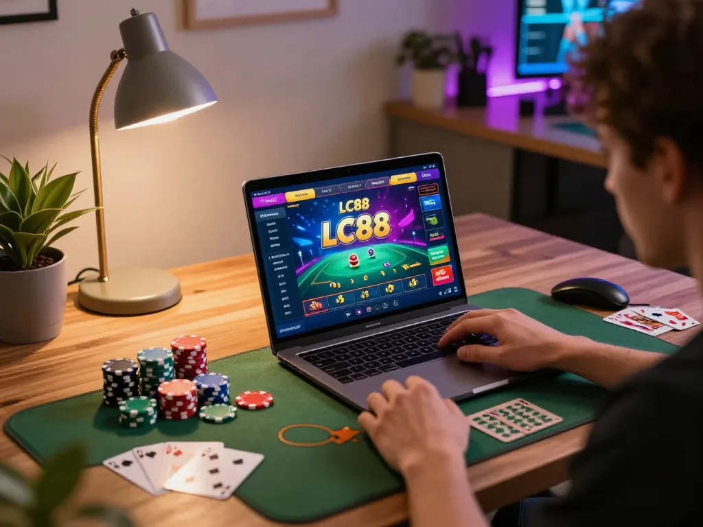 Player strategizing winnings on the LC88 online casino platform at home with vibrant atmosphere.
