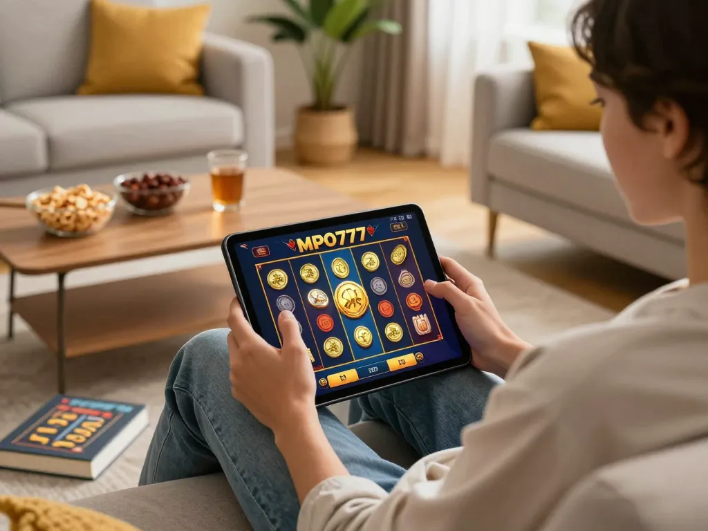 Engaging in online slots from MPO777 on a tablet in a cozy home environment