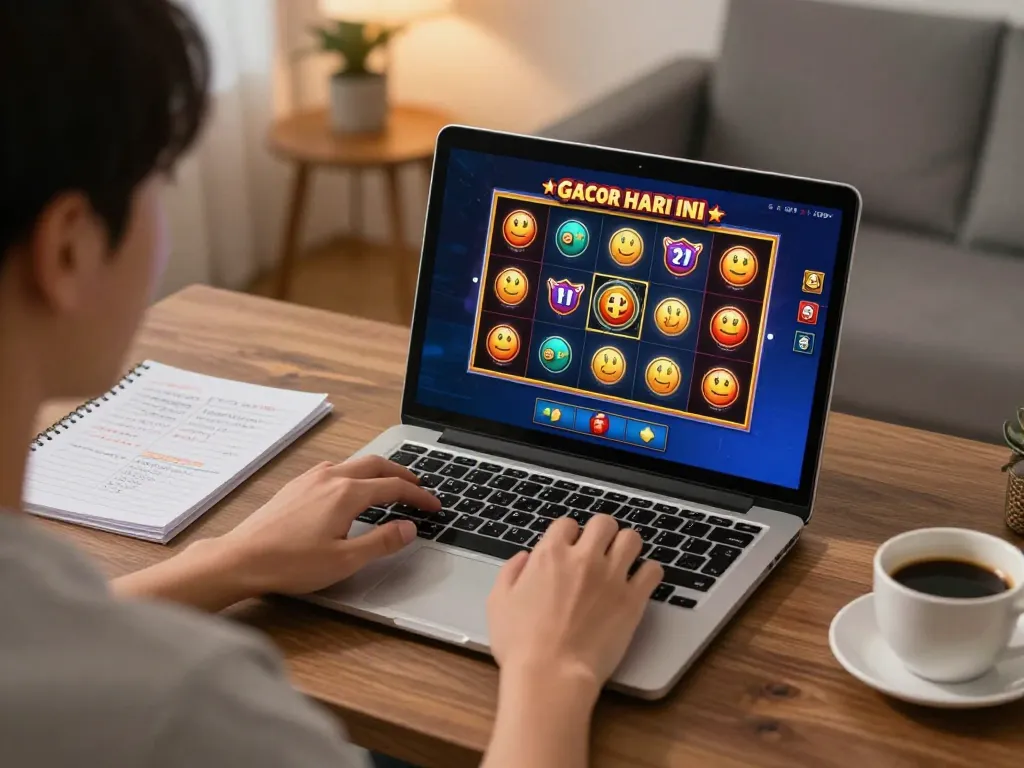 Playing slot gacor hari ini in a cozy home setup with strategic betting notes and coffee.
