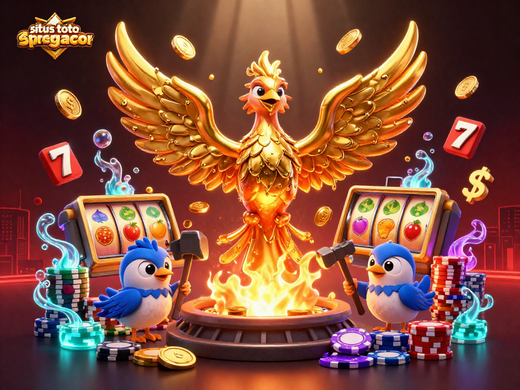 Win big at situs toto slot tergacor with a golden phoenix soaring over slot reels and vibrant casino elements.