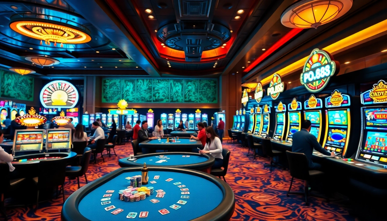 Tải game go88 displayed on a digital screen amidst a lively casino atmosphere.