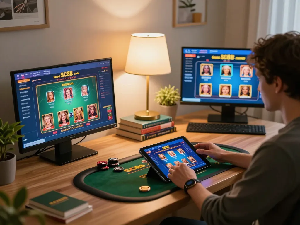 Engaging online gambling scene showcasing SC88 gameplay with tablet in a cozy home environment.