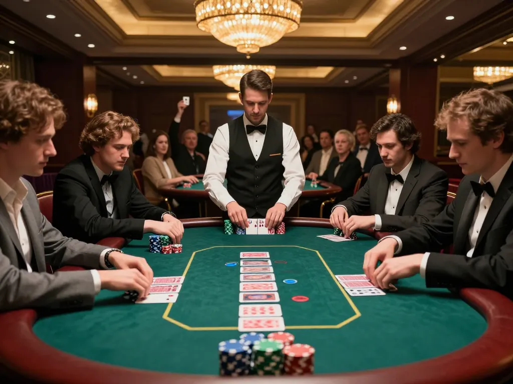 IWIN68 players engaged in an intense game of Texas Hold'em at a luxurious casino table, showcasing strategic gameplay.