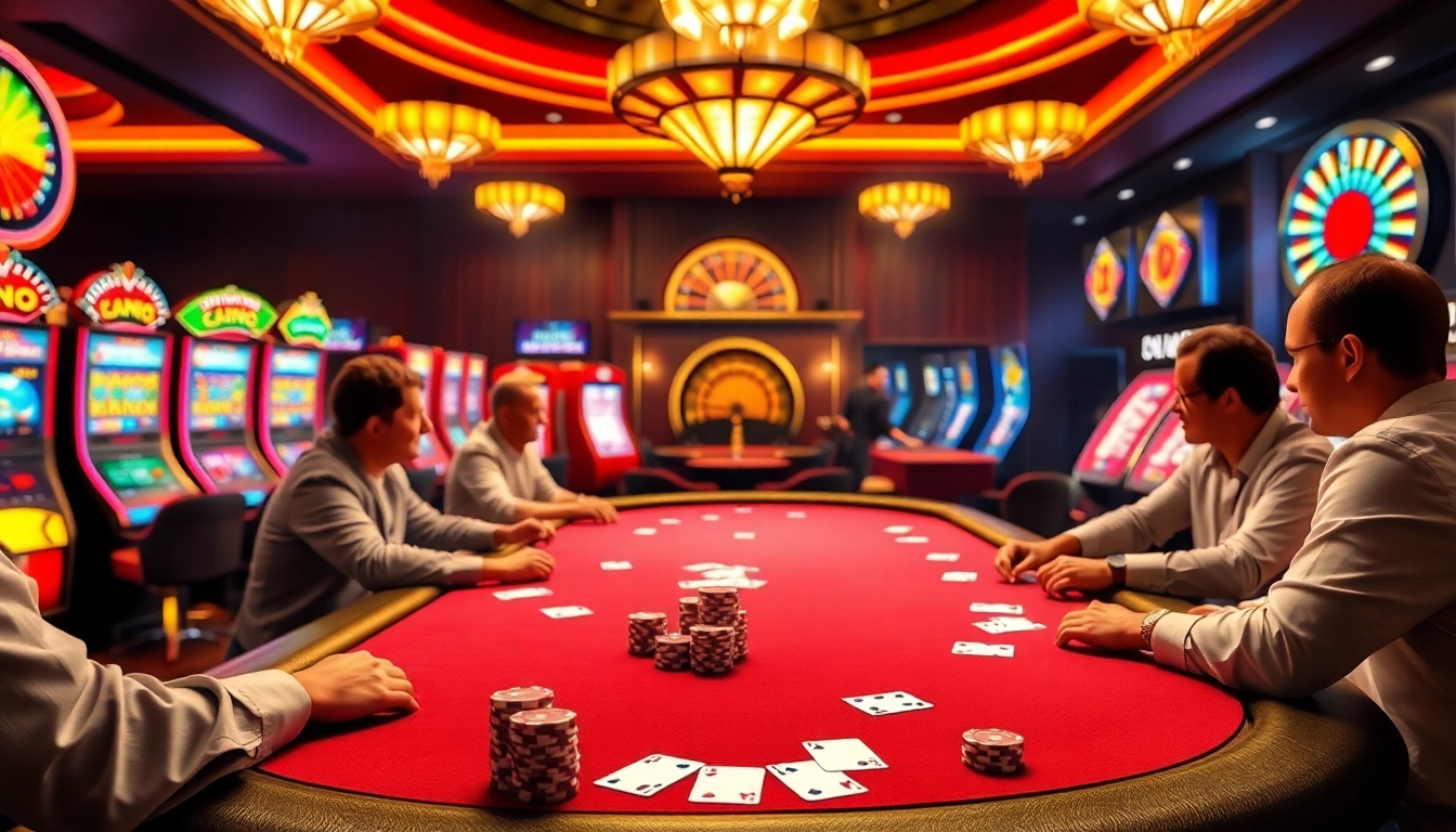 SODO66 players enjoying an exciting poker game at a lively casino table with vibrant slot machines.