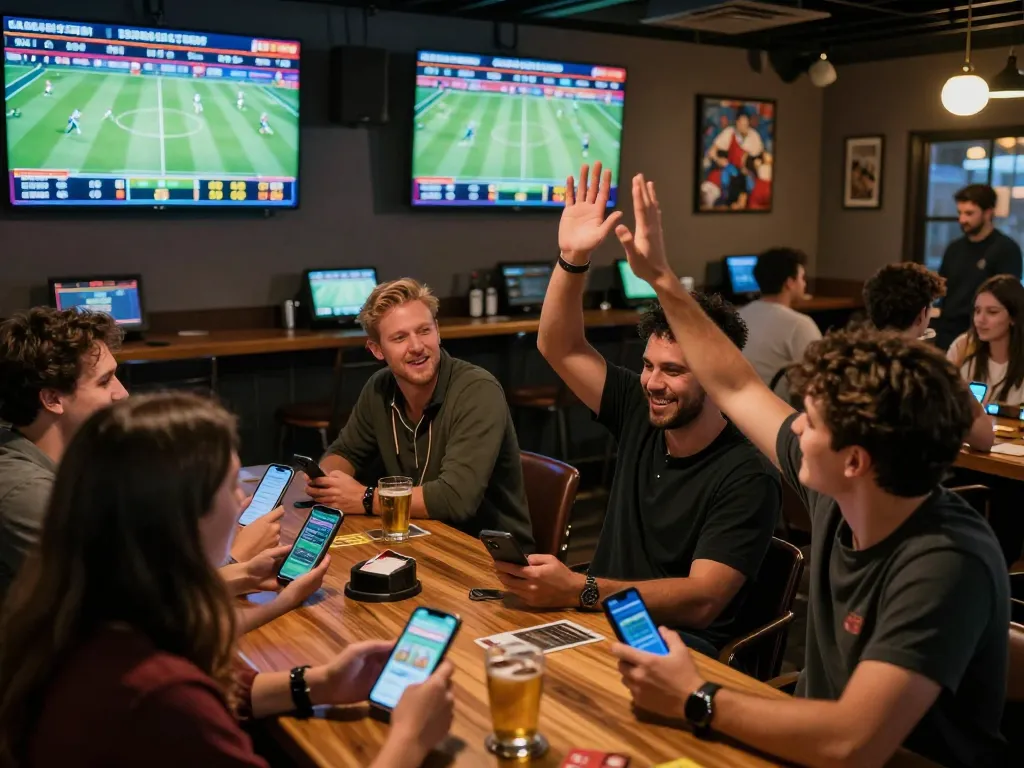 Experience vibrant sports betting excitement with megaplus88 patrons placing bets at a lively sports bar.