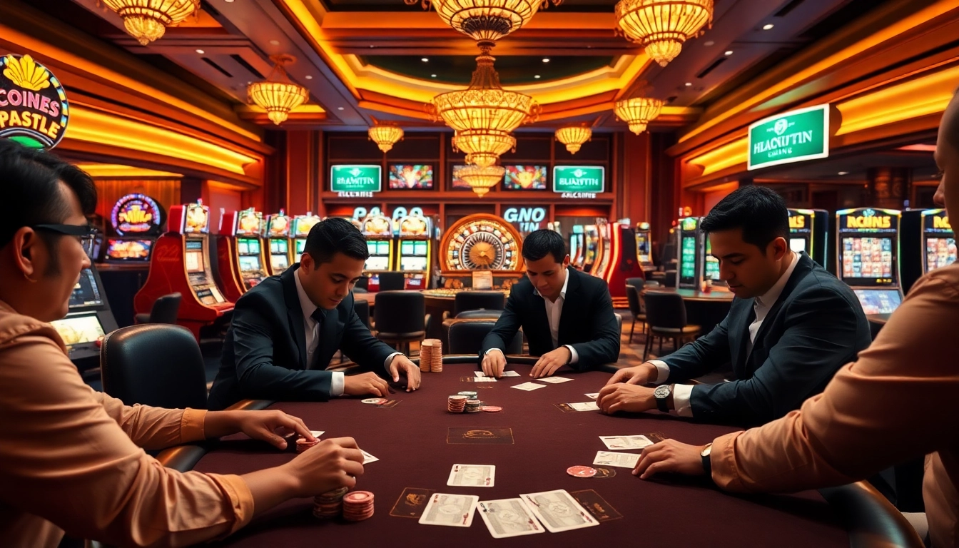 Engaging action at a poker table in a luxurious casino scene themed around Nhacaiuytin.