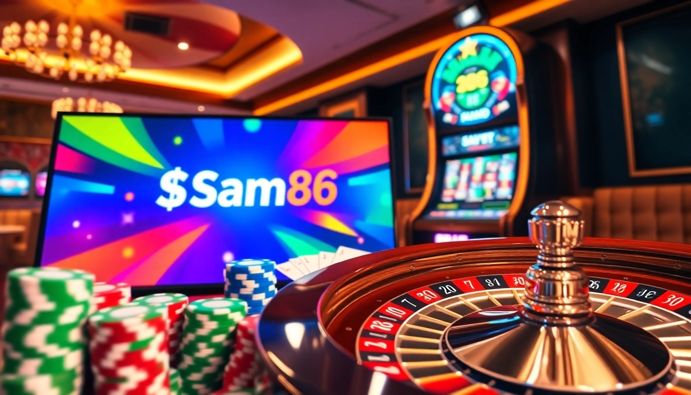 Experience the excitement of Sam86 casino games with vibrant poker chips and slot machines.