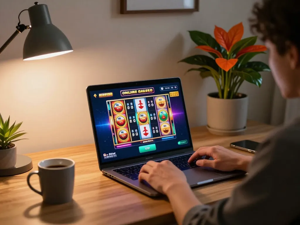 Person playing slot pulsa online on a laptop with engaging visuals and warm home setting.