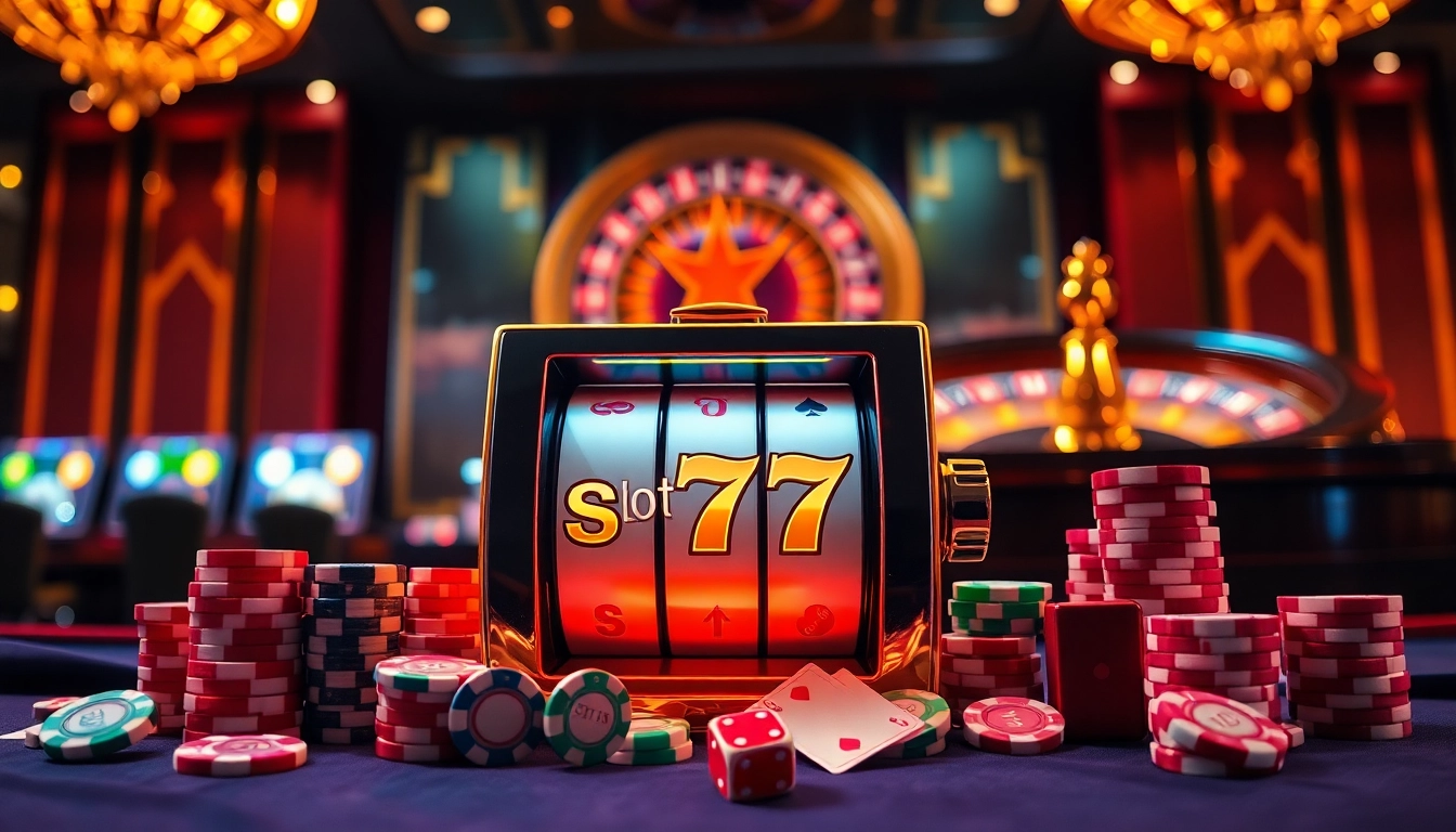 Exciting slot777 machine surrounded by vibrant poker chips and cards at a luxurious casino.