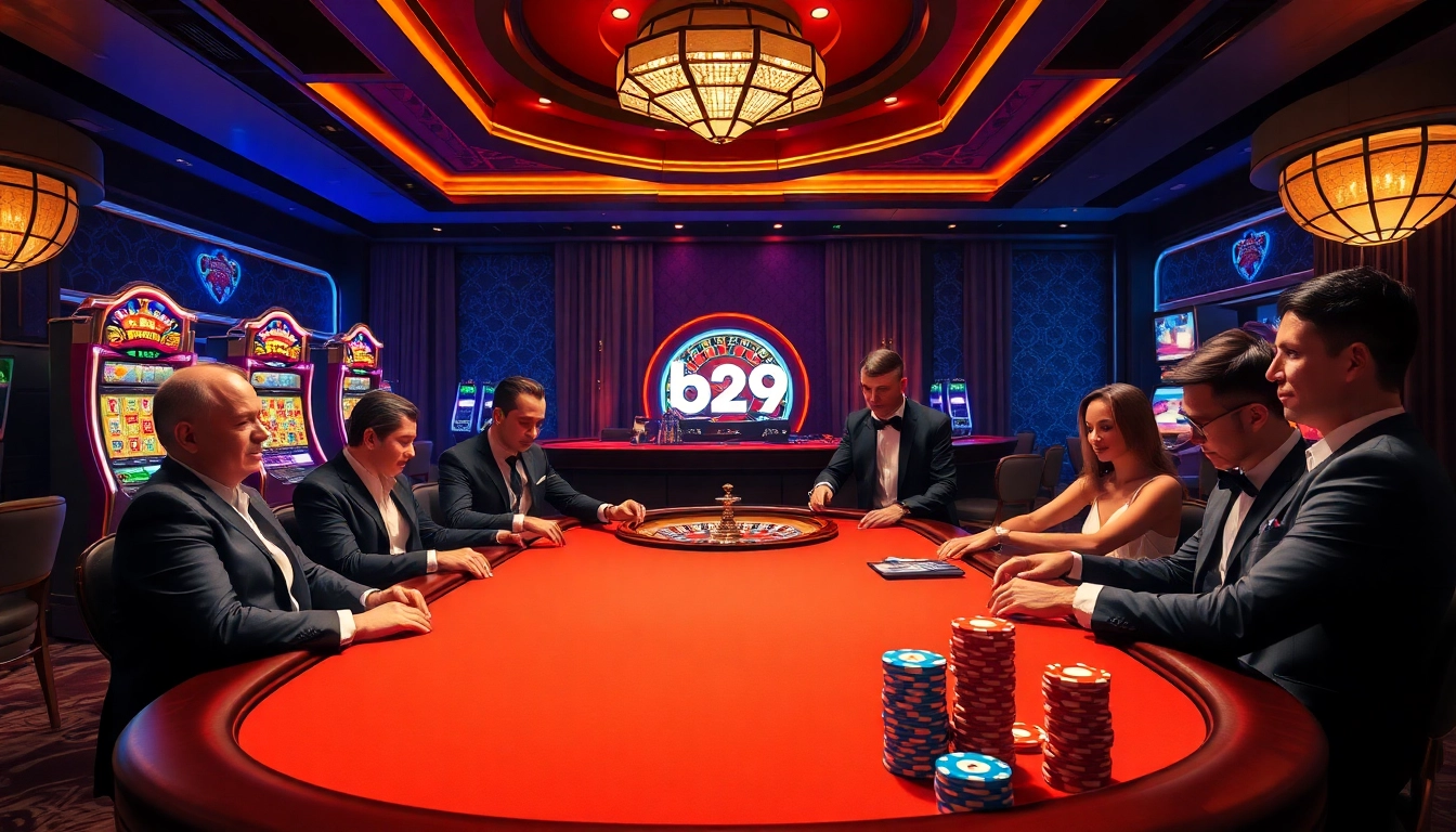 Experience thrilling poker action at b29 casino, featuring high-stakes games and vibrant slot machines.