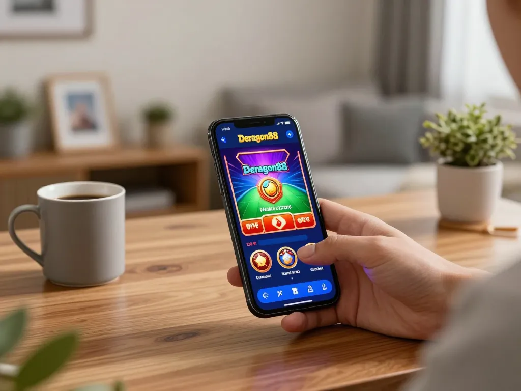 Berinteraksi dengan aplikasi Deragon88 di smartphone di kamar tidur yang nyaman untuk pengalaman bermain game yang menyenangkan.