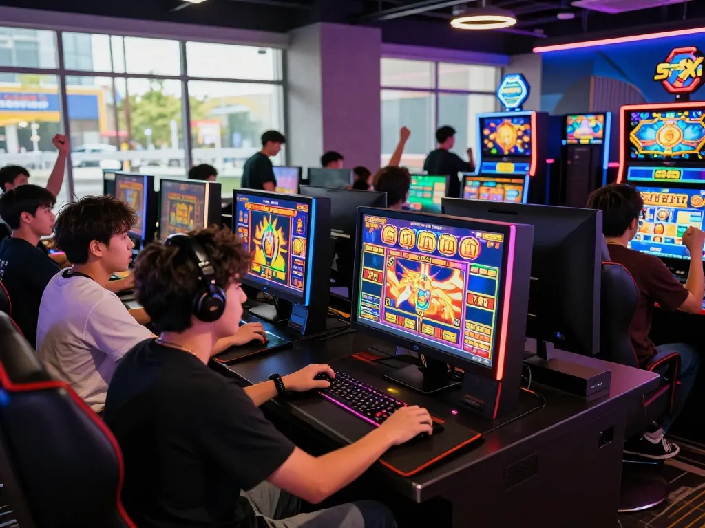 Exciting atmosphere of situs gacor online slot games with players celebrating wins.