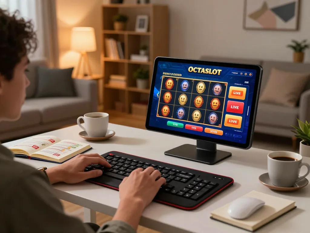 Play OCTASLOT on a tablet showing live gaming action in a cozy home setting.