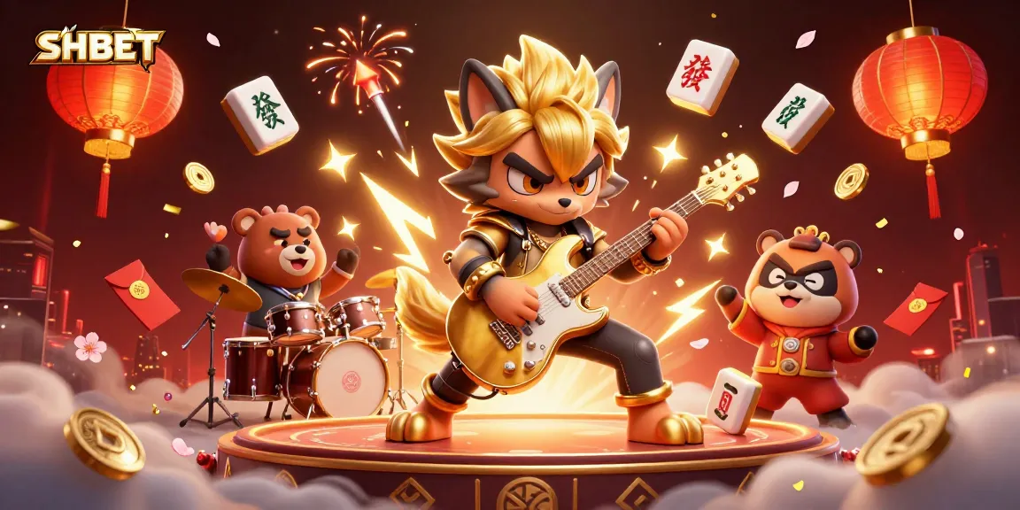 Experience vibrant SHBET casino action with a 3D golden guitar-shredding wolf and dynamic game elements.