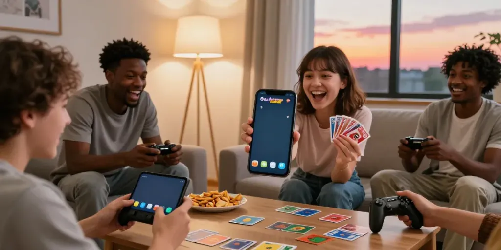 Friends enjoying the Rumble Rummy app in a cozy living room, excitedly discussing their gaming strategies.