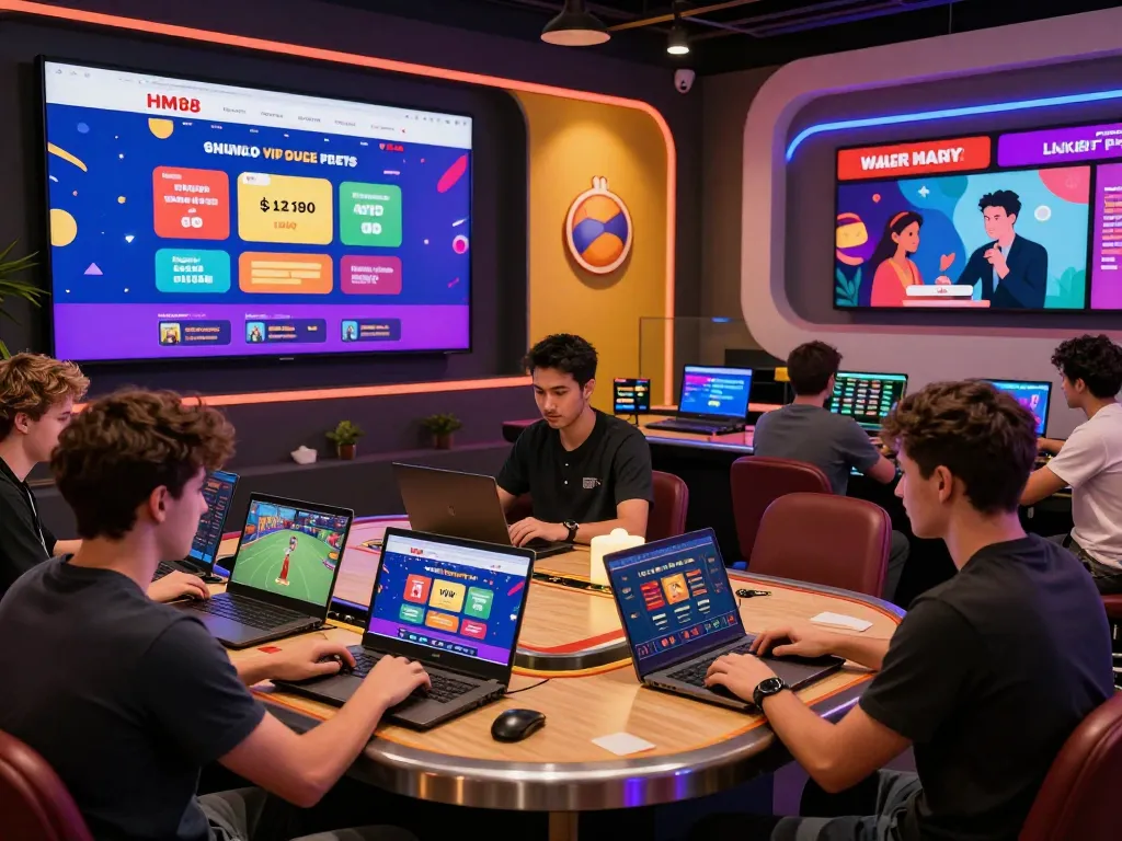 Exciting HM88 VIP online gaming experience with diverse players engaging in live sports betting and casino games, showcasing promotions in a vibrant casino atmosphere.